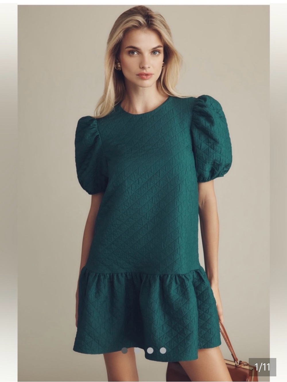 Maeve by  Anthropologie Green Puff-Sleeve Drop Waist  Mini Dress Size XL